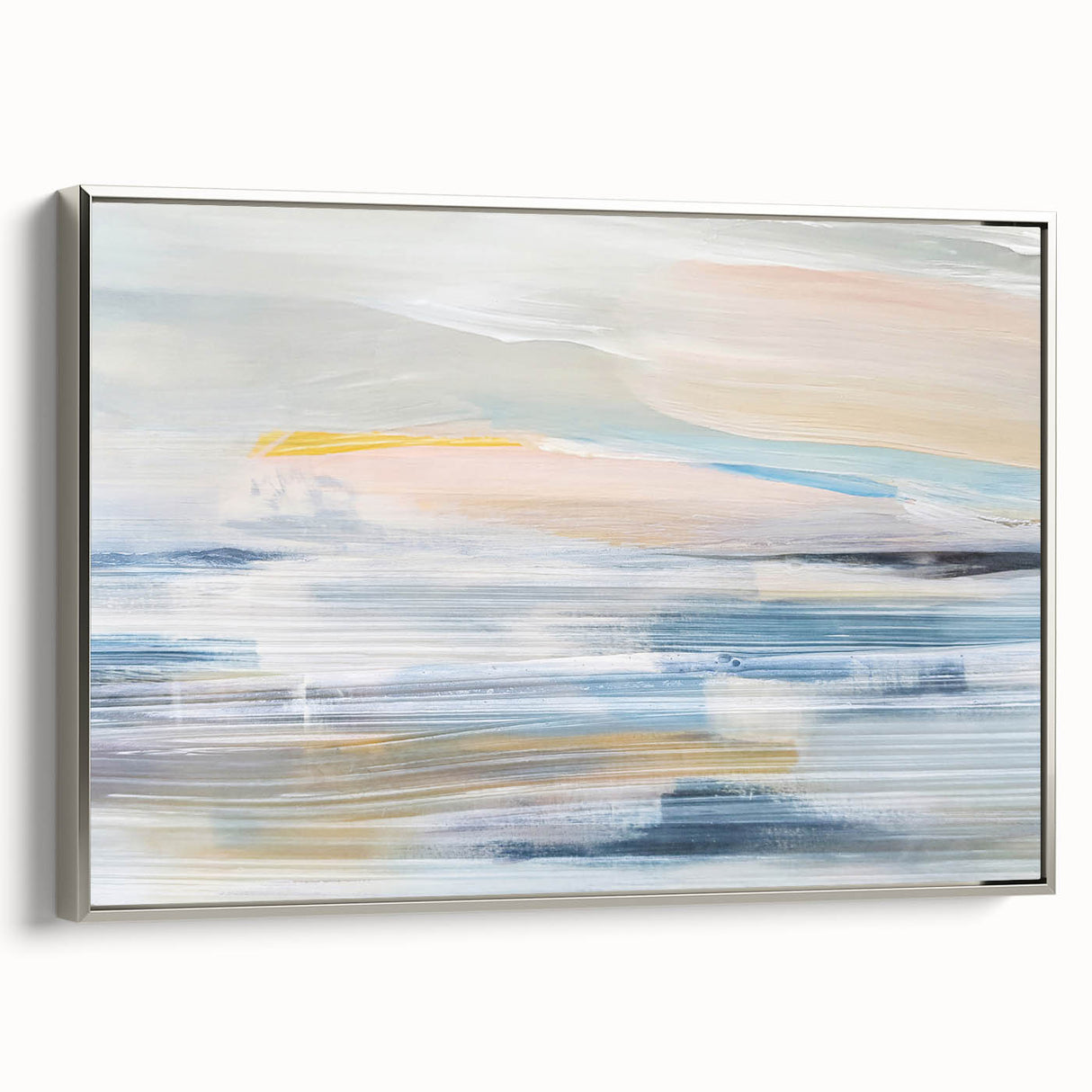 Framed abstract landscape wall art featuring a silver frame, showcasing vibrant colors and textures, perfect for modern home decor accentuation.