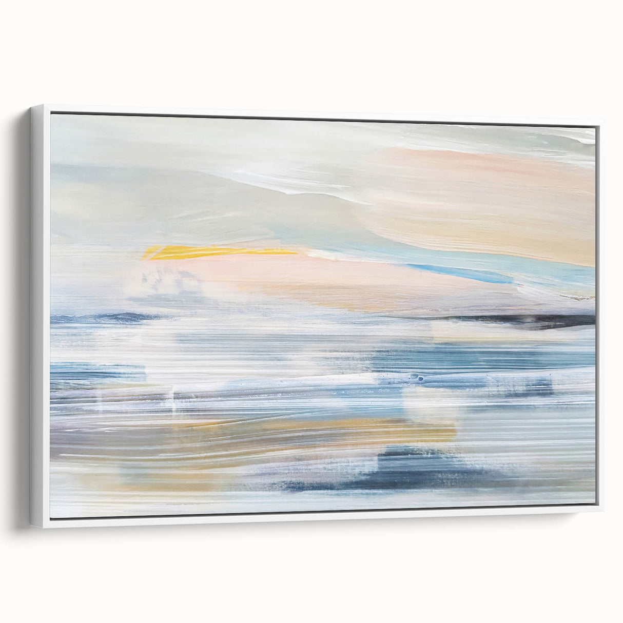 Framed abstract landscape wall art featuring soft, muted colors and a modern design, elegantly displayed from the side on a white background, ideal for contemporary decor.