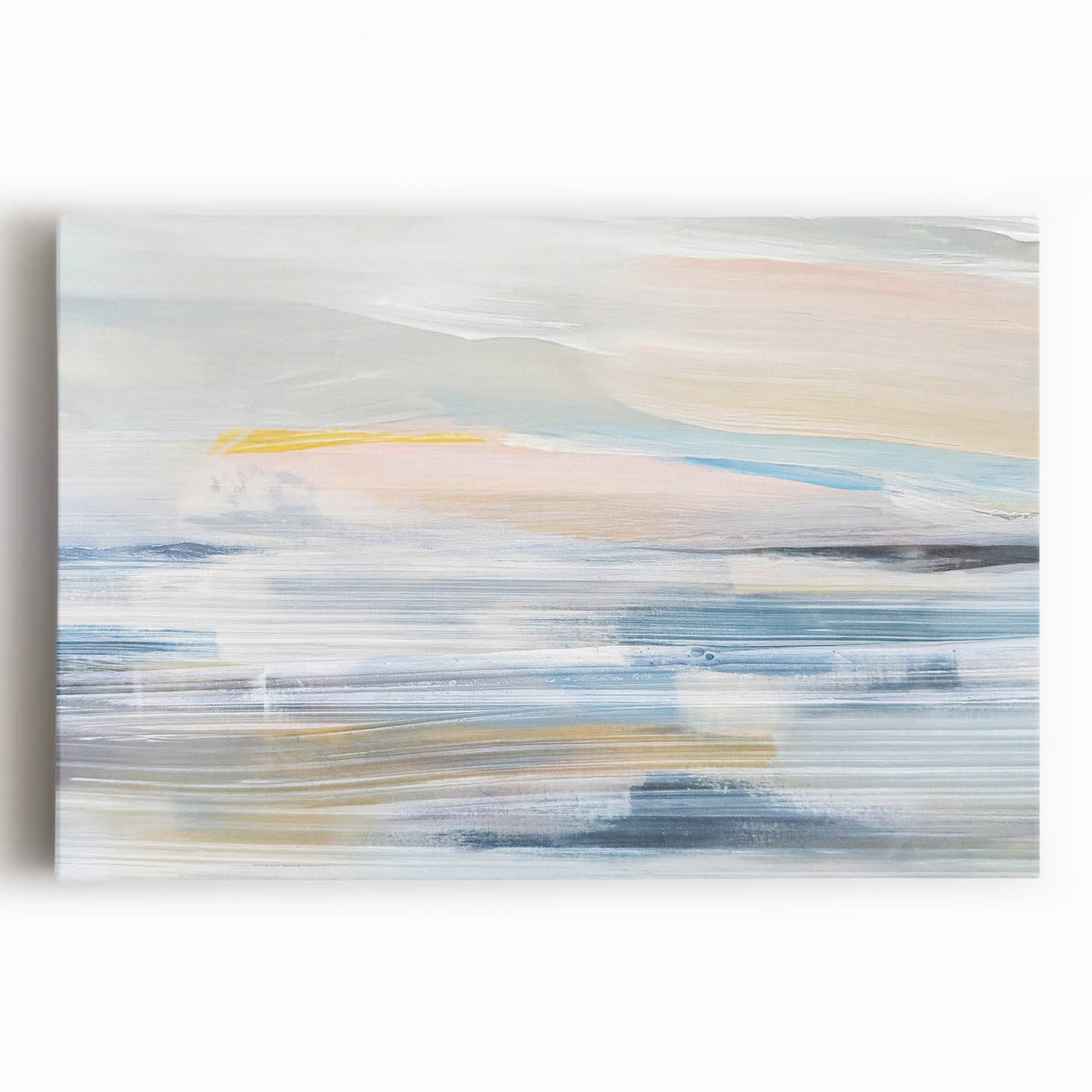 Abstract landscape wall art on stretched canvas showcasing vibrant colors and fluid shapes, perfect for modern home decor. Ideal for adding a unique touch to any living space.