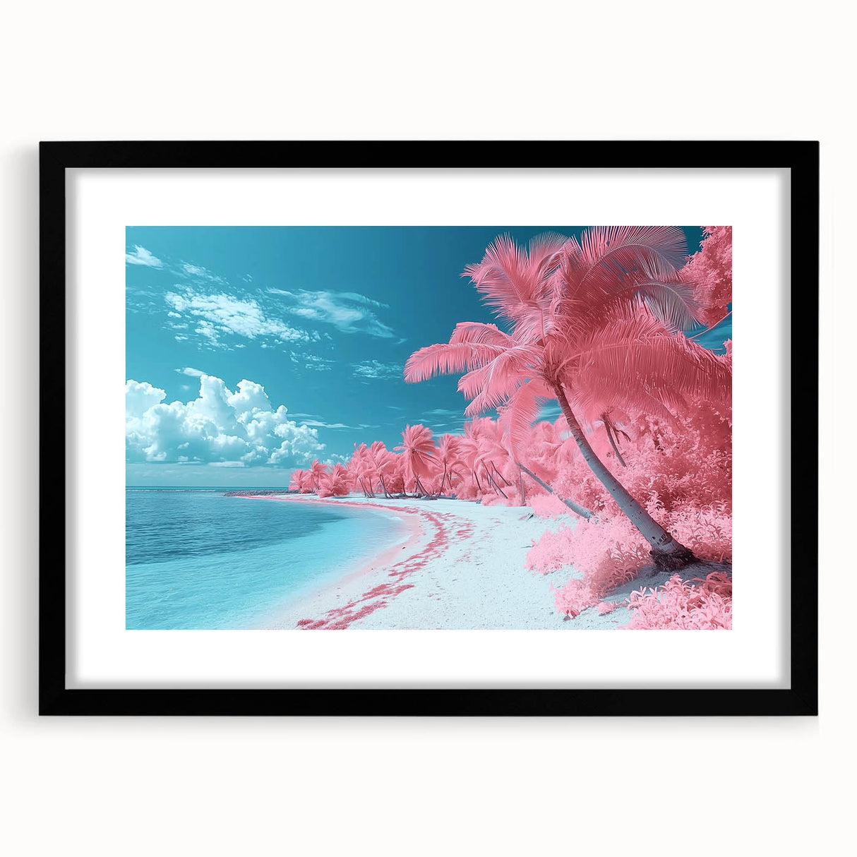 Black-framed landscape art print depicting a serene beach scene with gentle waves and soft sand, elegantly matted for a polished presentation, ideal for home decor.