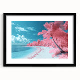 Black-framed landscape art print depicting a serene beach scene with gentle waves and soft sand, elegantly matted for a polished presentation, ideal for home decor.