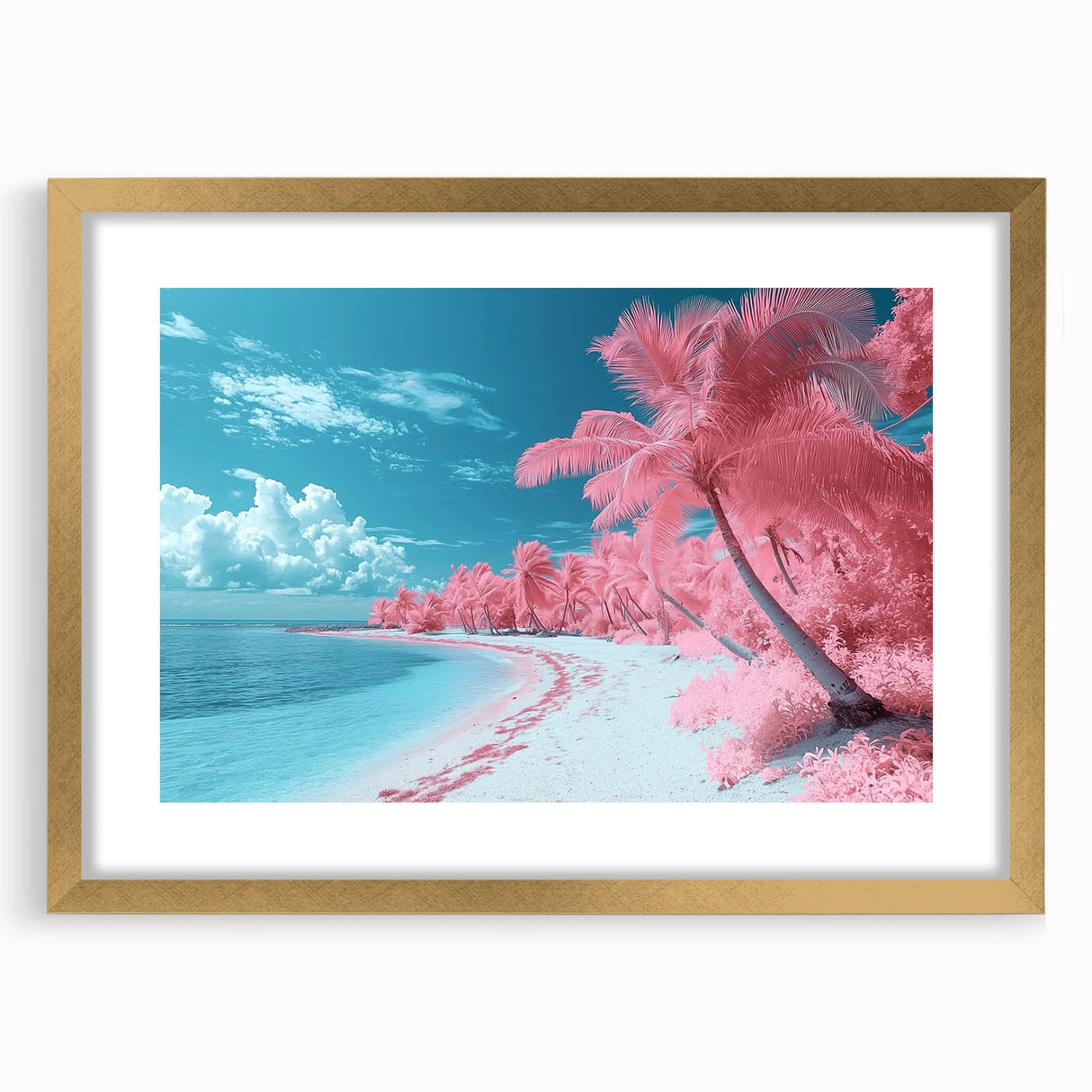 Landscape artwork showcasing a serene beach scene framed in gold, featuring a white mat for an elegant presentation, ideal for home decor or coastal-themed interiors.