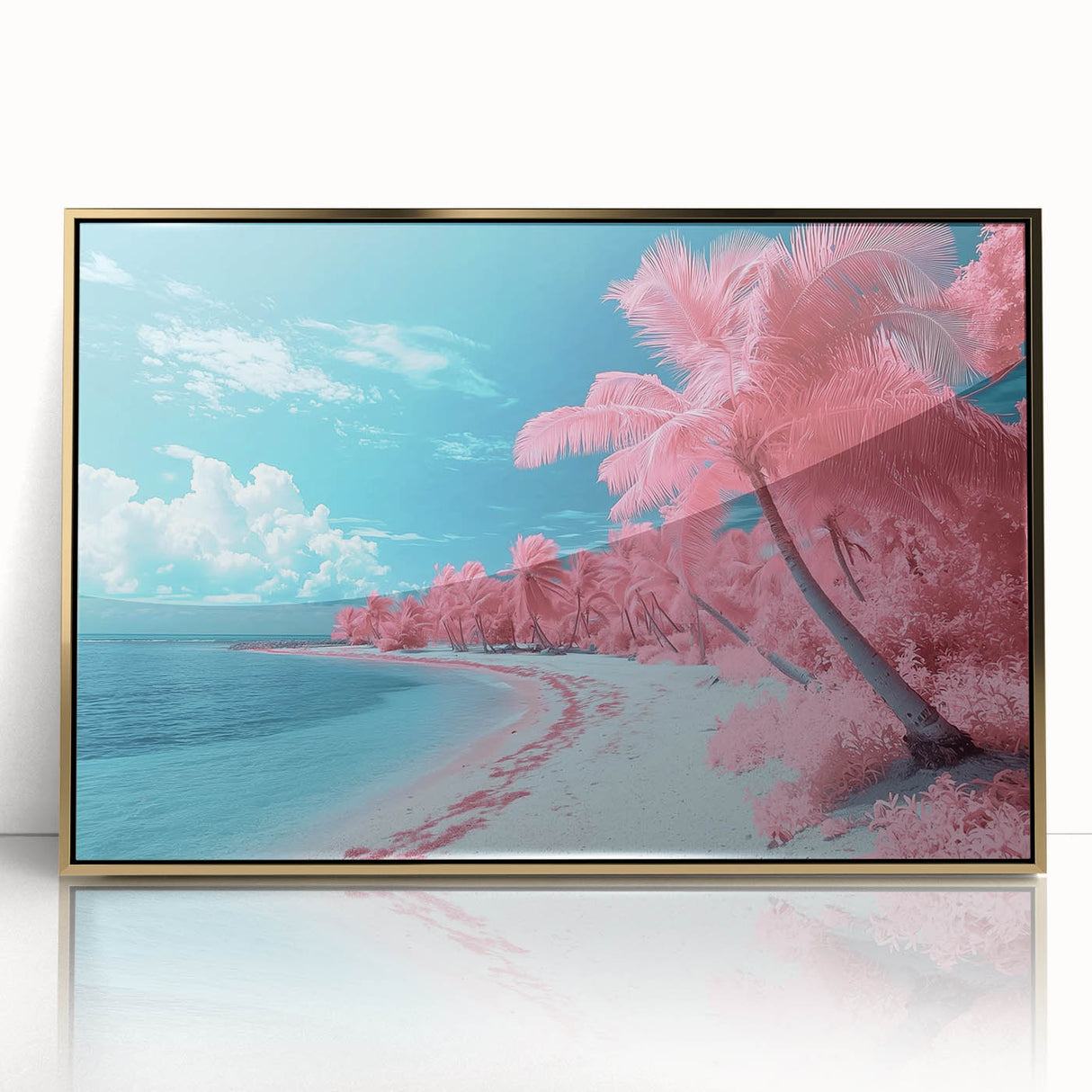 Framed acrylic artwork showcasing a serene beach landscape, featuring soft golden hues in the sky and gentle waves, ideal for coastal-themed decor.