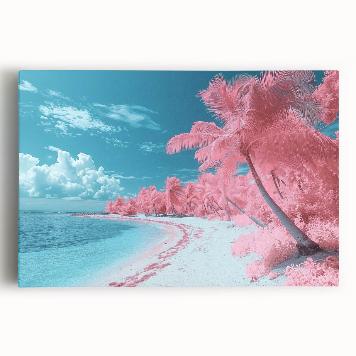 Stretched canvas artwork depicting a serene beach landscape with vibrant blue skies and gentle waves, perfect for enhancing home decor with a coastal theme.