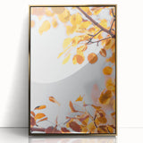 Large art print of a mid-century modernist autumn scene in warm gold tones, acrylic framed.