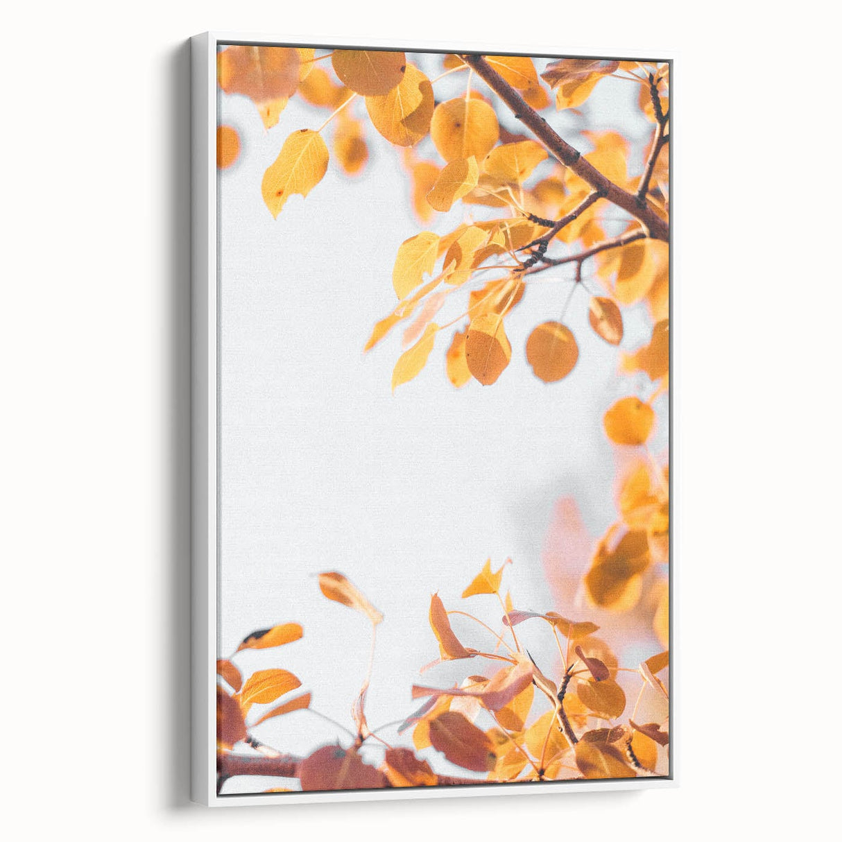 Vintage poster art of autumn trees on framed canvas with vibrant red and orange leaves, ideal for living room decor.