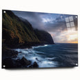 Acrylic artwork depicting vibrant landscapes with dramatic cliffs, showcased in a side view, featuring unique pin details for secure mounting. Perfect for home décor.