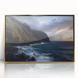 Framed acrylic artwork showcasing a stunning cliff landscape design with golden accents, perfect for enhancing modern home decor.