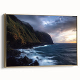 Framed canvas artwork depicting a stunning landscape of cliffs, featuring rich colors and intricate details, accented by a gold frame in a side view. Perfect for home decor.