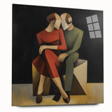 Abstract figurative acrylic glass artwork showcasing a vibrant blend of colors and dynamic shapes, viewed from the side, perfect for modern home decor.