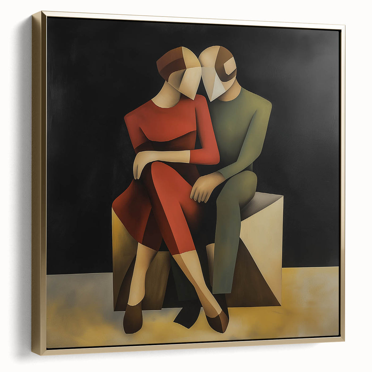 Framed abstract figurative canvas art in silver and gold tones, showcasing a modern design with textured details, perfect for contemporary home decor.