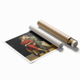 Abstract figurative art print in vibrant colors, showcasing swirling shapes and bold lines, rolled into a protective cardboard tube for easy shipping and display.