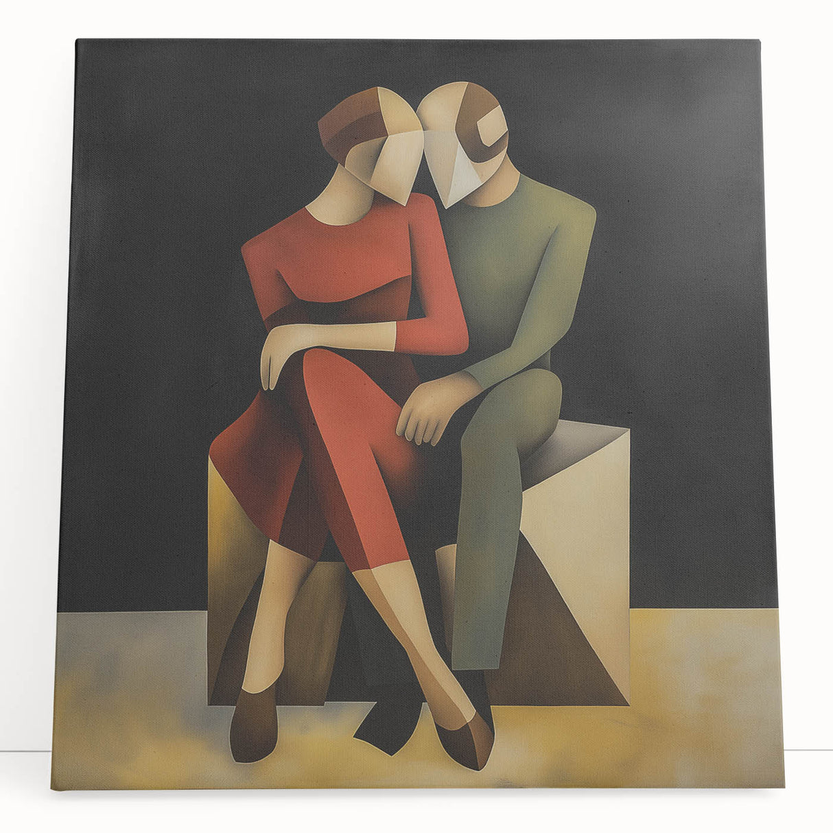 Abstract figurative stretched canvas artwork featuring vibrant colors and dynamic shapes, leaning against a textured wall, ideal for modern home decor.