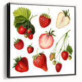 Black and white framed canvas depicting a vintage poster of assorted fruits, ideal for bedroom wall decor.