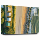 Acrylic landscape artwork of serene beaches displayed in a glass frame, showcasing vibrant colors and intricate details, perfect for coastal-themed decor.