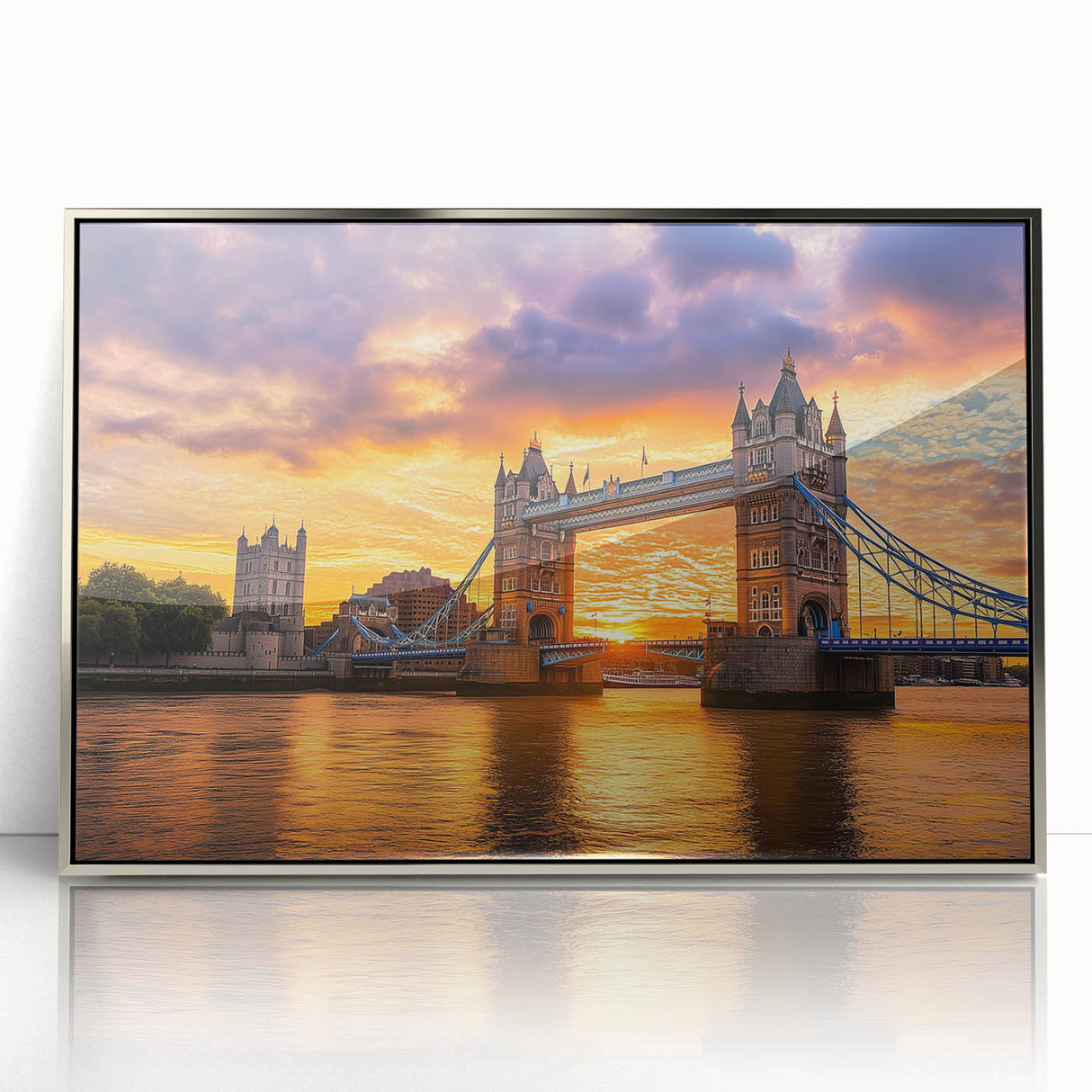 Framed acrylic artwork showcasing a stunning landscape bridge scene, featuring vibrant colors and intricate details, ideal for modern home decor.