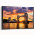 Framed canvas artwork depicting a stunning landscape bridge in a black frame, showcasing intricate details and vibrant colors, perfect for home decor.