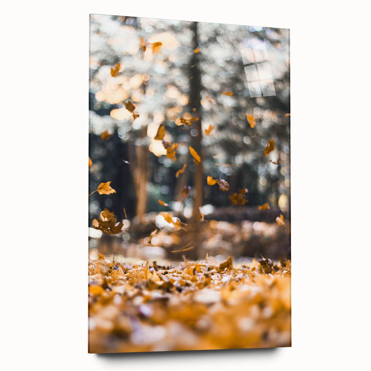 Large abstract wall art in warm autumn hues on acrylic glass, suitable for bedroom or dining room decor.
