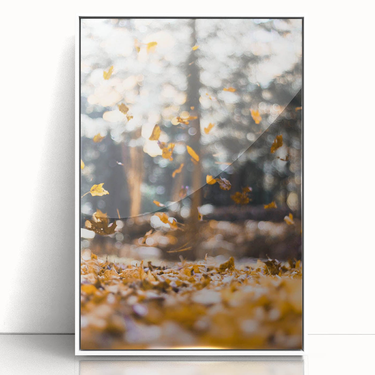 Art deco poster featuring an autumnal tree in orange and yellow hues on white acrylic, ideal for modern nursery wall decor.