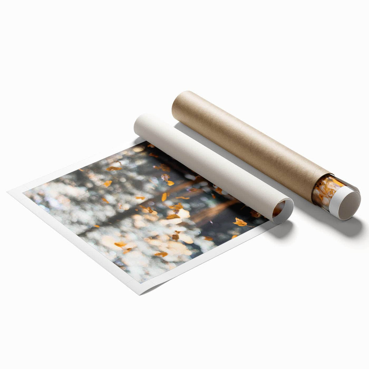 Extra large rolled print of autumnal floral art in warm orange and red tones.
