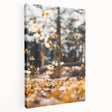 Abstract depiction of fall with warm orange and yellow tones on stretched canvas, suitable for kitchen wall art.