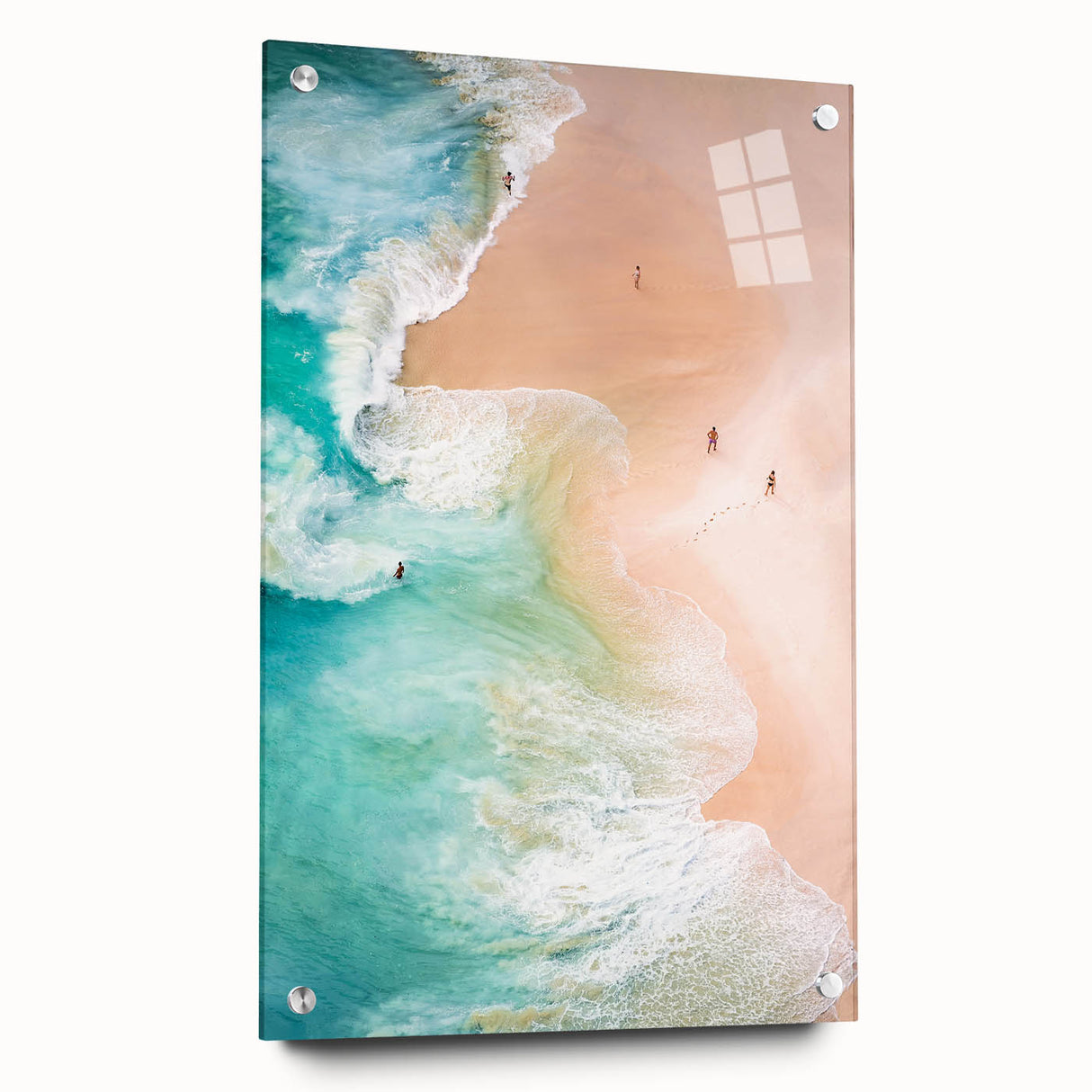Large abstract wall art on acrylic glass depicting summer themes in bold orange and yellow.