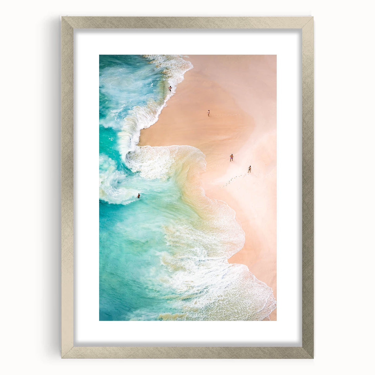 Abstract textured art print featuring soft blue and green hues on a framed silver canvas, ideal for bedroom wall decor.