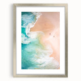 Abstract textured art print featuring soft blue and green hues on a framed silver canvas, ideal for bedroom wall decor.