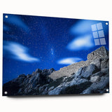 Acrylic landscape art featuring dramatic cliffs in rich colors, displayed from a side view with pins for secure hanging, ideal for modern home decor.