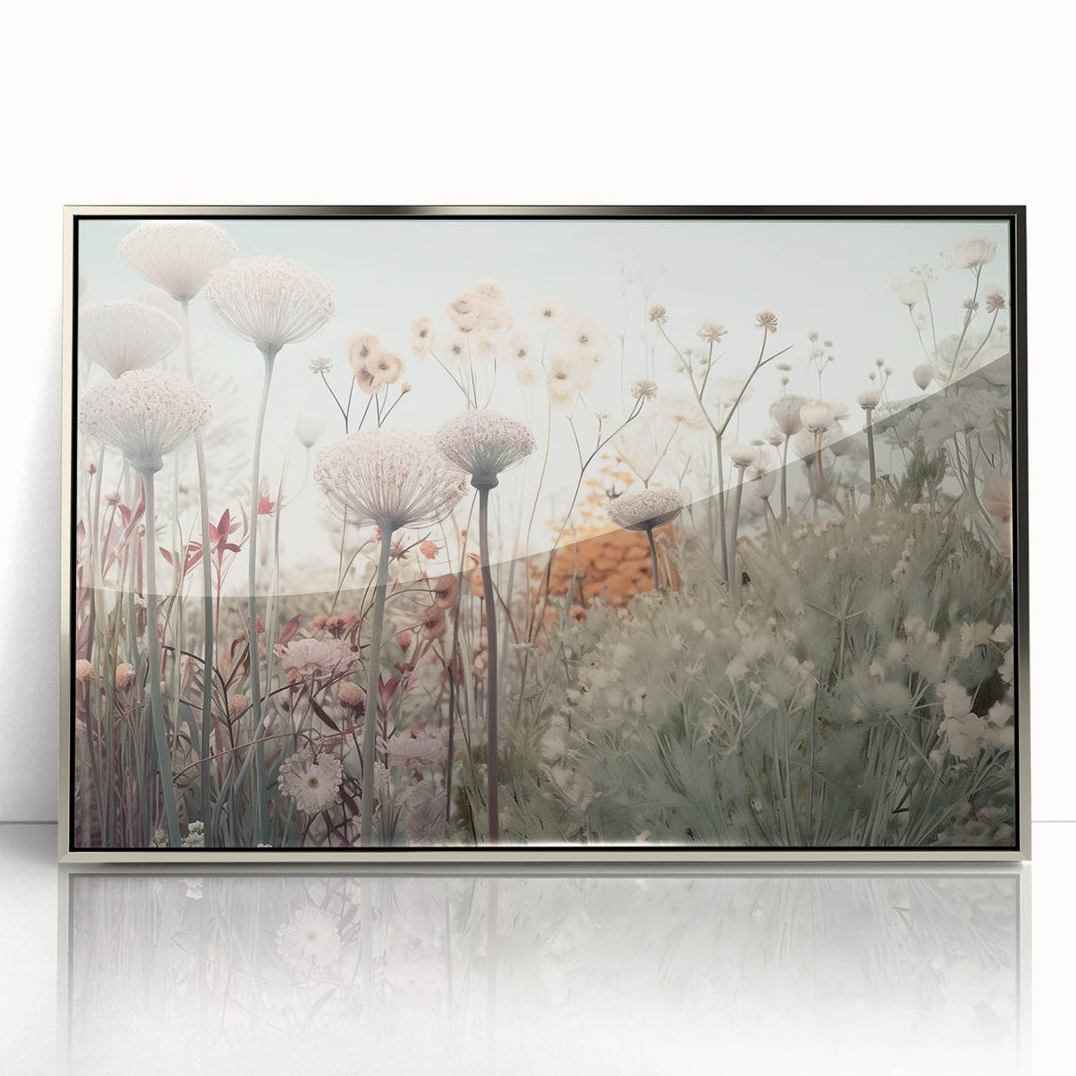 Framed abstract floral wall art in silver acrylic, showcasing vibrant colors and intricate designs, perfect for modern home decor or office spaces.