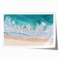 Vibrant rolled print of a serene beach landscape featuring turquoise waters and golden sand, artistically designed for home decor, presented in a protective tube.