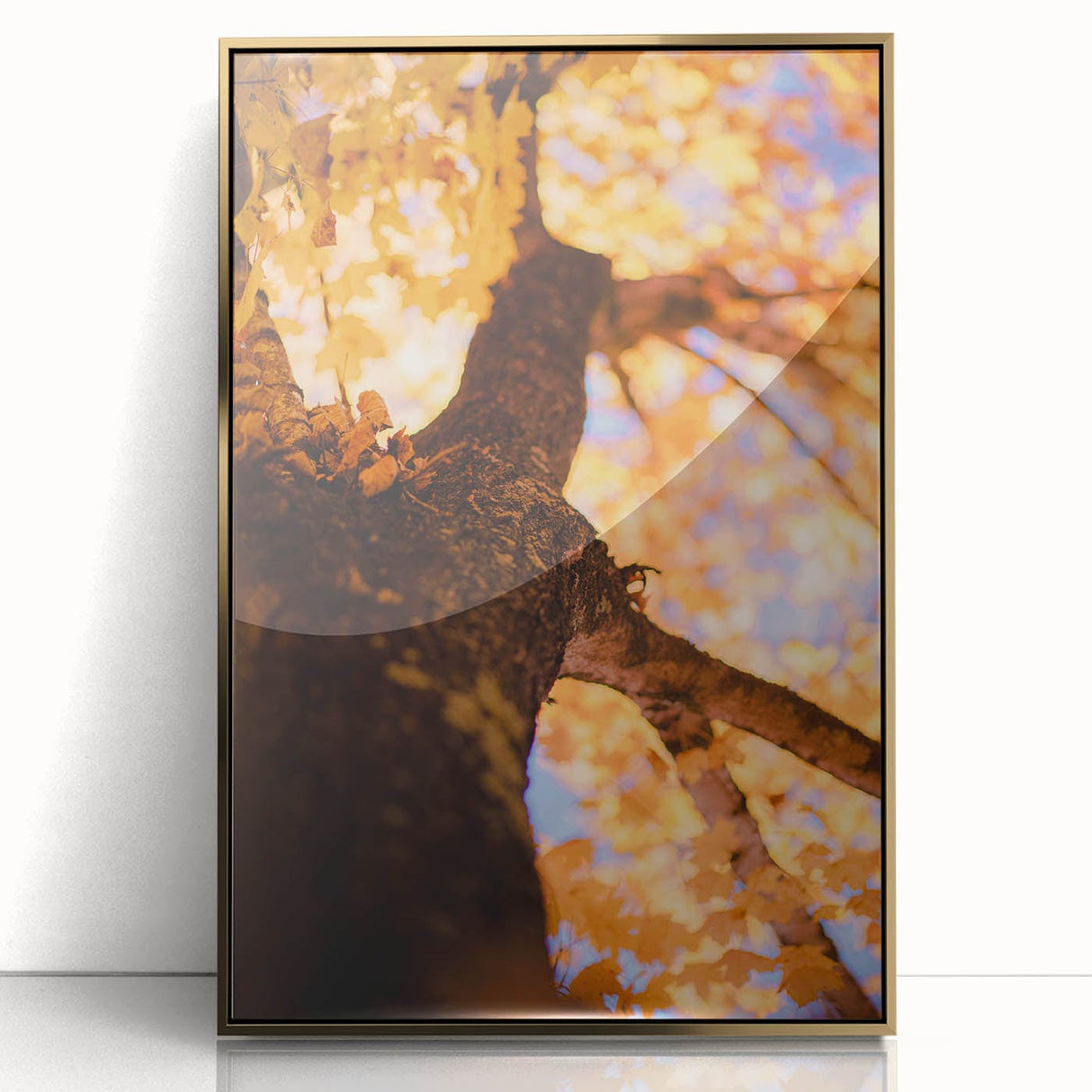 Large art print of a mid-century modernist autumn scene in gold and orange tones, framed acrylic.