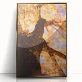 Large art print of a mid-century modernist autumn scene in gold and orange tones, framed acrylic.