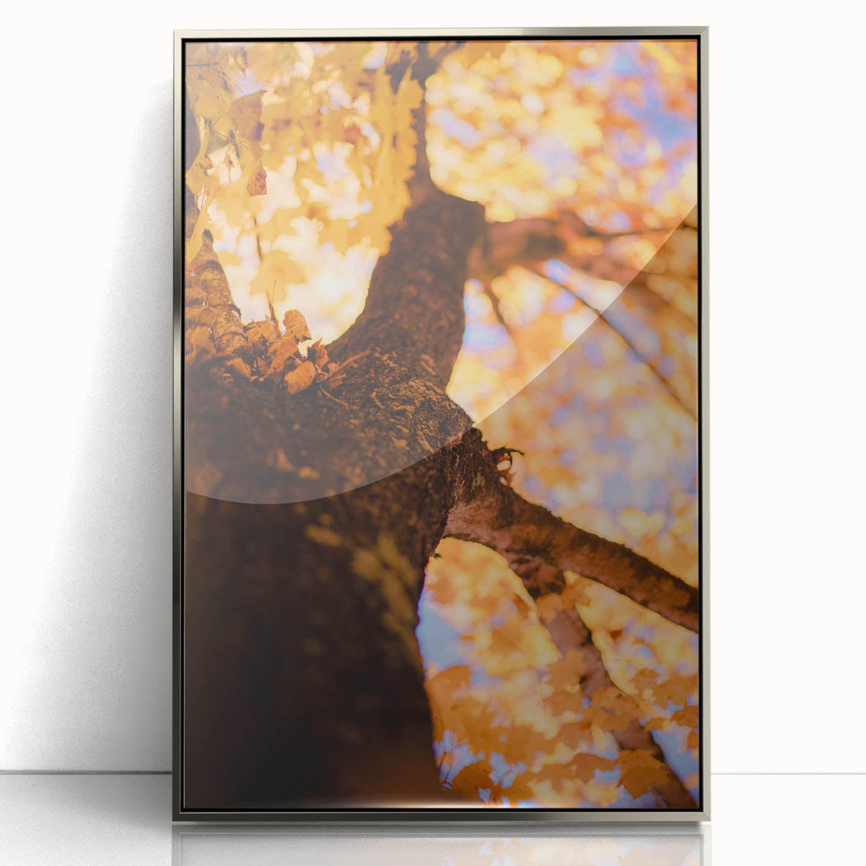 Mid-century modernist art featuring autumnal trees in acrylic, framed in silver, suitable for modern art wall decor.