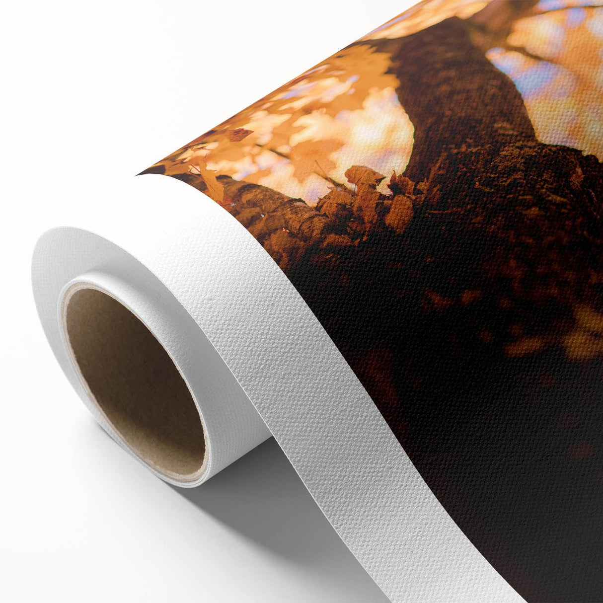 Art Deco poster depicting a fall landscape in muted orange and brown hues on rolled canvas.