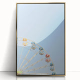 Large art print of a mid-century modernist summer scene in warm gold tones, acrylic framed, ideal for nursery wall decor.