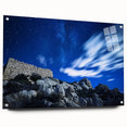Acrylic landscape artwork depicting dramatic cliffs in vibrant colors, showcased from a side view with decorative pins, perfect for modern home decor.