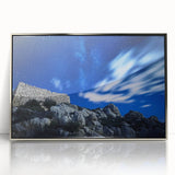 Framed acrylic artwork depicting dramatic cliffs under a sunset sky, showcasing vibrant colors and dynamic textures; perfect for enhancing modern home decor.