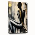 Abstract figurative acrylic artwork displayed in a modern glass frame, showcasing vibrant colors and dynamic shapes, perfect for contemporary home decor.