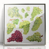 Mid-century modernist art featuring an array of fruits in vibrant colors on a silver-framed acrylic.