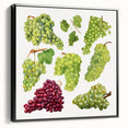 Black and white vintage poster art of assorted fruits on framed canvas, ideal for bedroom wall decor.