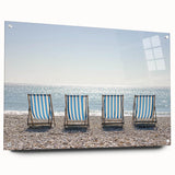 Acrylic glass artwork showcasing a vibrant beach landscape design, viewed from the side with decorative pins. Perfect for coastal-themed decor, enhancing any space.