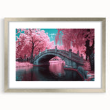 Landscape bridge frame with silver matting, showcasing a front view of a scenic artwork ideal for home decor. Perfect for adding elegance to your living space.