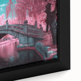 Close-up view of a framed landscape bridge canvas artwork, showcasing intricate details and vibrant colors, perfect for enhancing home decor with nature-inspired themes.