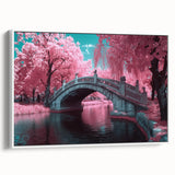 Framed canvas artwork showcasing a serene landscape bridge scene, with a white frame and vibrant colors, perfect for enhancing home décor and adding a tranquil vibe.