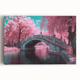 Colorful stretched canvas artwork depicting a scenic landscape of a bridge over a serene body of water, perfect for home decor or art enthusiasts.