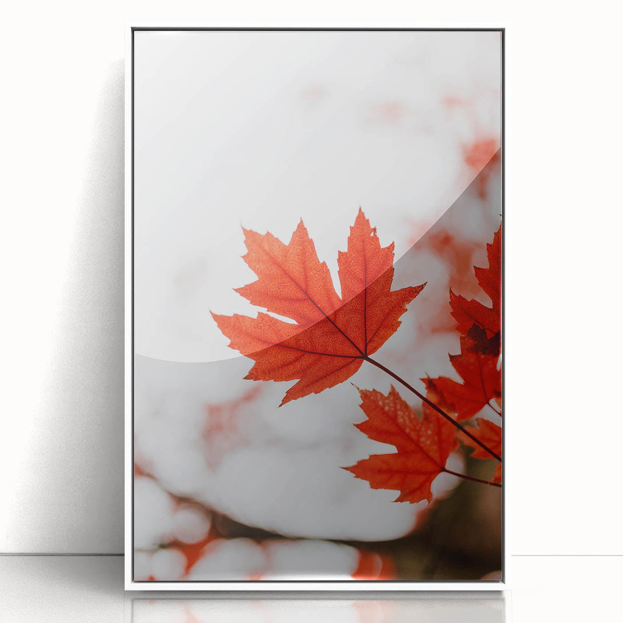 Art deco poster of autumn trees in orange and yellow hues on white acrylic, framed, suitable for modern nursery decor.