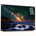 Acrylic landscape artwork depicting cliffs in vibrant colors, mounted on clear glass with decorative pins, ideal for modern home decor. Perfect for nature lovers.
