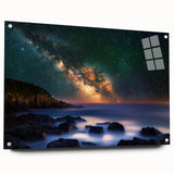 Acrylic landscape artwork depicting cliffs in vibrant colors, mounted on clear glass with decorative pins, ideal for modern home decor. Perfect for nature lovers.