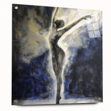 Abstract figurative acrylic artwork displayed in a glass frame from a side view, showcasing vibrant colors and intricate pin details, ideal for modern decor.